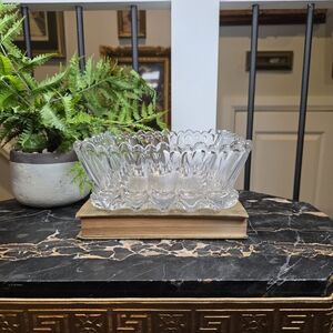 Vintage Art Deco Heavy Pressed Glass Bowl / Square Scalloped Candy Dish